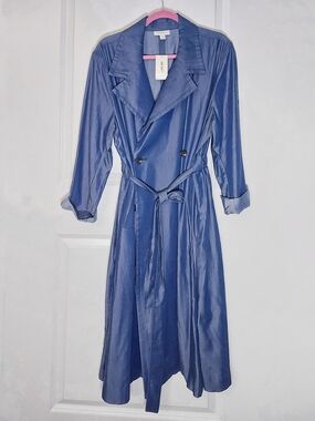 Blue Double-Breasted Trench Coat with Tie Belt